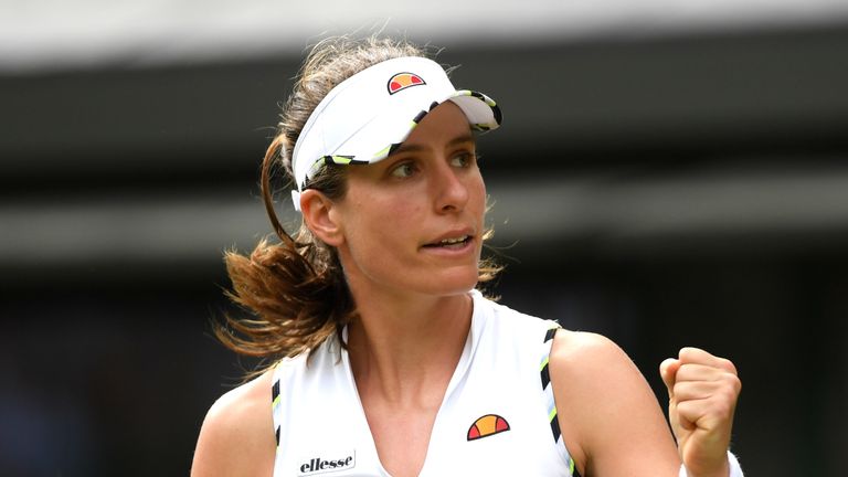 Johanna Konta of Great Britain reacts in her Ladies' Singles first round match against Ana Bogdan of Romania during Day two of The Championships - Wimbledon 2019 at All England Lawn Tennis and Croquet Club on July 02, 2019 in London, England. 