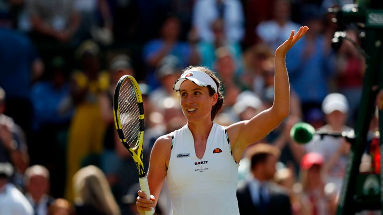 Johanna Konta celebrates beating Czech Republic's Katerina Siniakova during their women's singles second round match on the fourth day of the 2019 Wimbledon Championships at The All England Lawn Tennis Club in Wimbledon, southwest London, on July 4, 2019