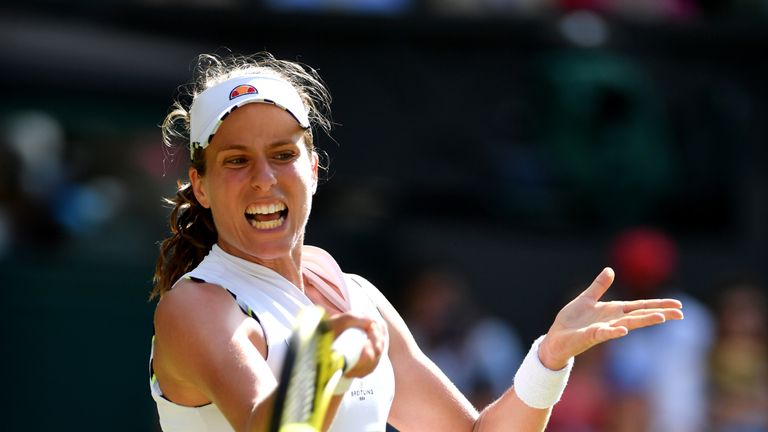 Johanna Konta of Great Britain plays a forehand in her Ladies' Singles second round match against against Katerina Siniakova of The Czech Republic during Day four of The Championships - Wimbledon 2019 at All England Lawn Tennis and Croquet Club on July 04, 2019 in London, England.