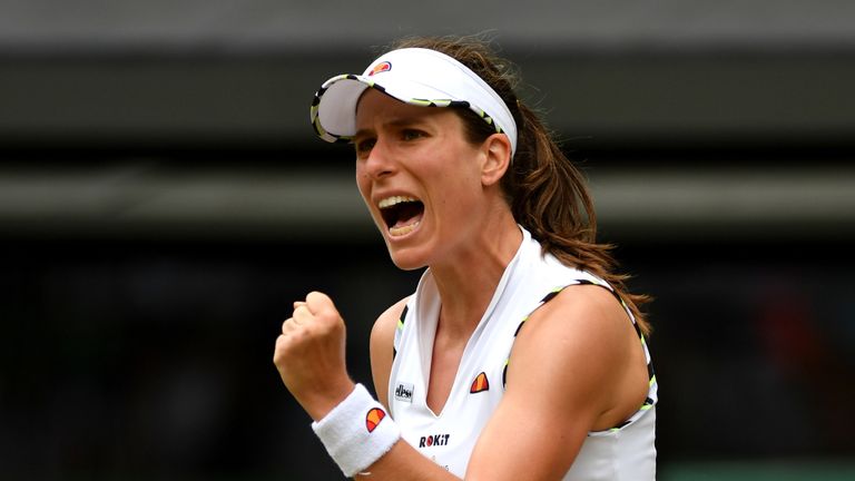 Johanna Konta of Great Britain celebrates winning the second set in her Ladies' Singles third round match against Sloane Stephens of The United States during Day six of The Championships - Wimbledon 2019 at All England Lawn Tennis and Croquet Club on July 06, 2019 in London, England.