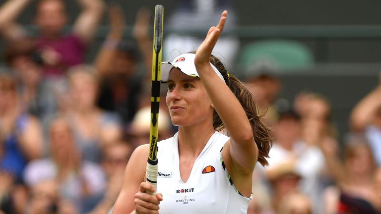 Johanna Konta of Great Britain celebrates victory in her Ladies' Singles third round match against Sloane Stephens of The United States during Day six of The Championships - Wimbledon 2019 at All England Lawn Tennis and Croquet Club on July 06, 2019 in London, England.