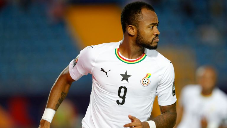 Jordan Ayew celebrates after scoring against Guinea-Bissau