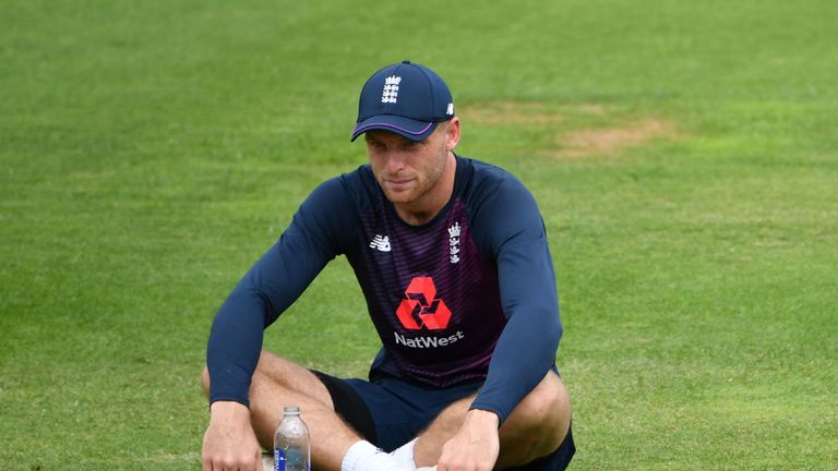 England's Jos Buttler focuses on the task ahead during final practice ahead of the Cricket World Cup Final