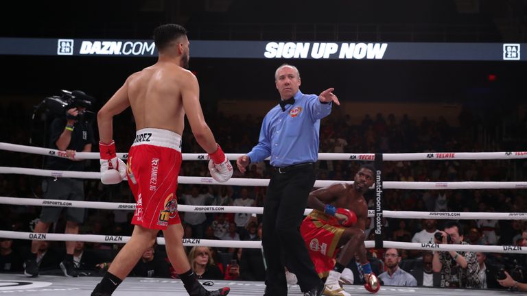 July 27, 2019; Dallas, TX; WBO super lightweight champion Maurice Hooker and WBC super lightweight champion Jose Ramirez during their July 27, 2019 Matchroom Boxing USA main event at College Park Center in Arlington, TX.  Mandatory Credit: Ed Mulholland/Matchroom Boxing USA
