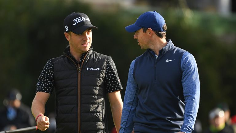 Justin Thomas chats to Rory McIlroy at the Genesis Open