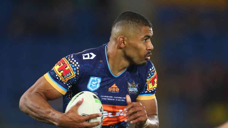 GOLD COAST, AUSTRALIA - JULY 27: Kallum Watkins of the Titans runs the ball during the round 19 match between the Gold Coast Titans and the Brisbane Broncos at Cbus Super Stadium on July 27, 2019 in Gold Coast, Australia. (Photo by Chris Hyde/Getty Images)