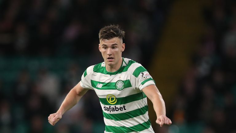 GLASGOW, SCOTLAND - AUGUST 30: Kieran Tierney of Celtic controls the ball during the UEFA Europa League Play Off Second Leg match between Celtic and FK Suduva at Celtic Park Stadium on August 30, 2018 in Glasgow, Scotland. (Photo by Ian MacNicol/Getty Images)