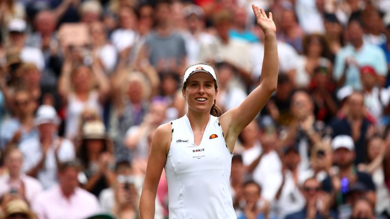 Johanna Konta celebrates her victory over Petra Kvitova in the fourth round at Wimbledon. (Getty Images)
