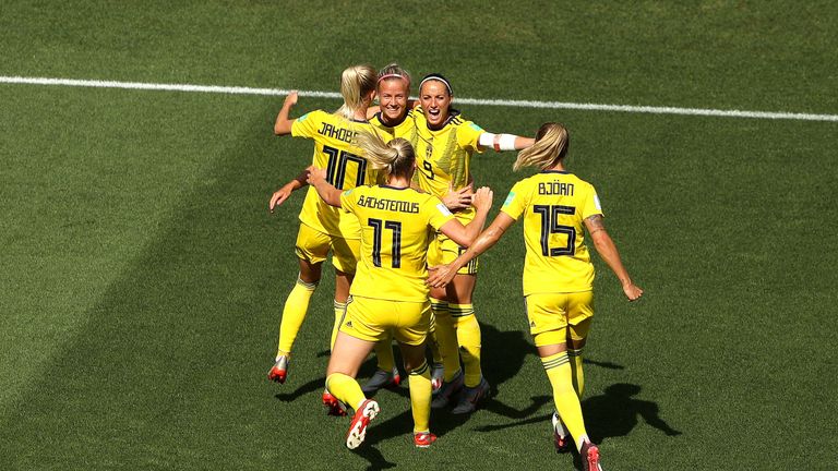 Kosovare Asllani of Sweden celebrates with team-mates after scoring her team's first goal during the 2019 FIFA Women's World Cup France 3rd Place Match match between England and Sweden