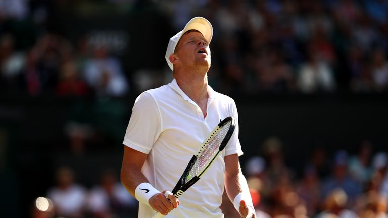 Kyle Edmund of Great Britain reacts in his Men's Singles second round match against Fernando Verdasco of Spain during Day three of The Championships - Wimbledon 2019 at All England Lawn Tennis and Croquet Club on July 03, 2019 in London, England. 