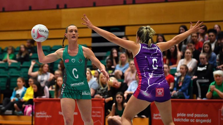 Kyra Jones of the Celtic Dragons takes on Natalie Panagarry of Loughborough Lightning during the Vitality Netball Superleague match between Celtic Dragons and Loughborough Lightning at the Sport Wales National Centre on May 14, 2018 in Cardiff, Wales. 
