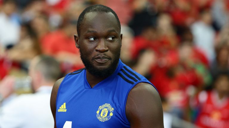 Romelu Lukaku turns up for training during Manchester United official training/press conference at the Singapore National Stadium on July 19, 2019 in Singapore. 