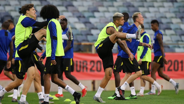 Marcos Rojo of Manchester United warms up during a Manchester United training session at the WACA on July 11, 2019 in Perth, Australia. 