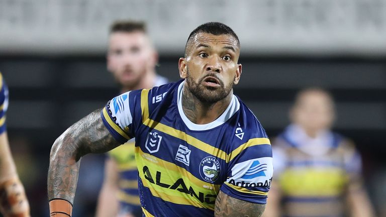 Manu Ma'u of the Eels shapes to pass during the round 15 NRL match between the Parramatta Eels and the Canberra Raiders at TIO Stadium on June 29, 2019 in Darwin, Australia