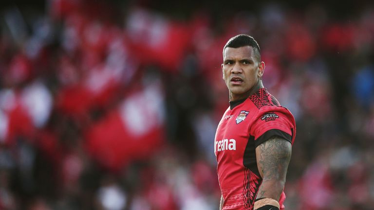 Manu Ma'u of Tonga looks on during the 2017 Rugby League World Cup match between the New Zealand Kiwis and Tonga at Waikato Stadium on November 11, 2017 in Hamilton, New Zealand.