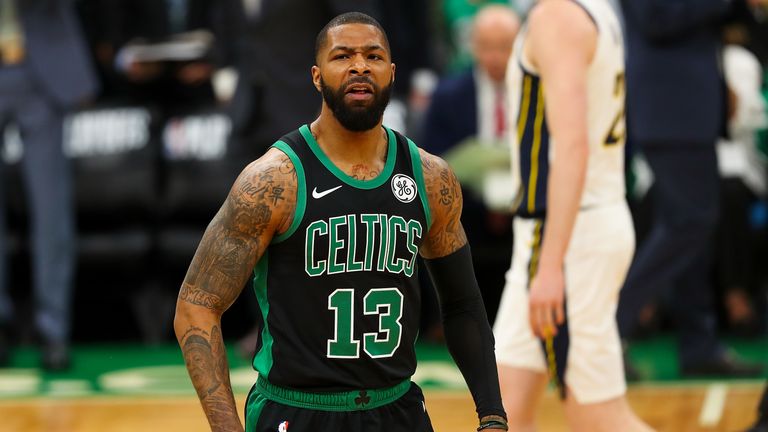Marcus Morris #13 of the Boston Celtics reacts during Game One of the first round of the 2019 NBA Eastern Conference Playoffs against the Indiana Pacers at TD Garden on April 14, 2019 in Boston, Massachusetts.