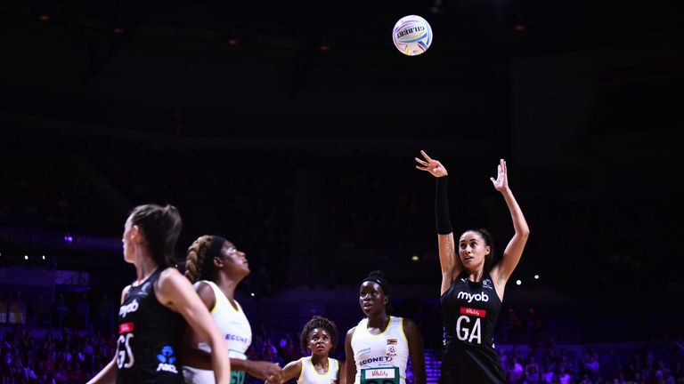 Maria Folau of the Silver Ferns putting up a long shot at the Netball World Cup
