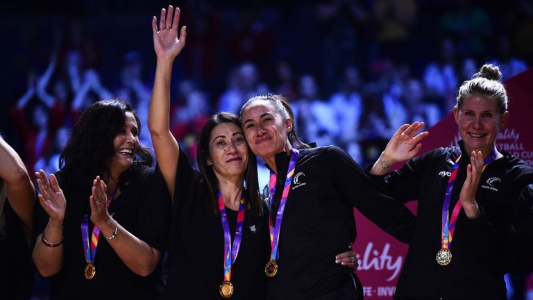 Noeline Taurua and Maria Folau celebrating gold together on the medal podium 