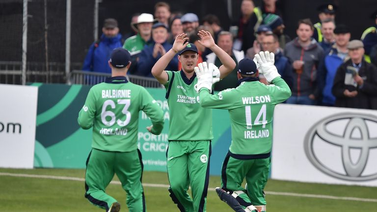 DUBLIN, IRELAND - MAY 03: Mark Adair of Ireland catches to take the wicket of David Willey during the ODI cricket match between Ireland and England at Malahide Cricket Club on May 3, 2019 in Dublin, Ireland. (Photo by Charles McQuillan/Getty Images)