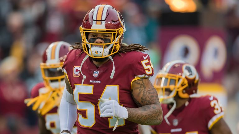 Mason Foster #54 of the Washington Redskins takes the field before the game against the Philadelphia Eagles at FedExField on December 30, 2018 in Landover, Maryland. (Photo by Scott Taetsch/Getty Images)