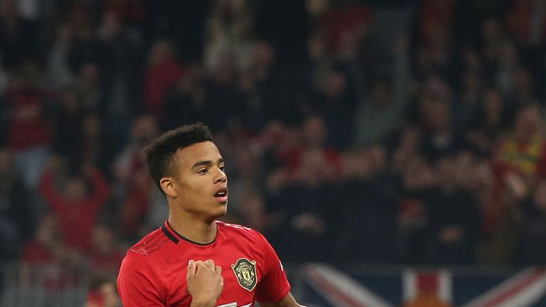 Mason Greenwood celebrates his goal against Leeds