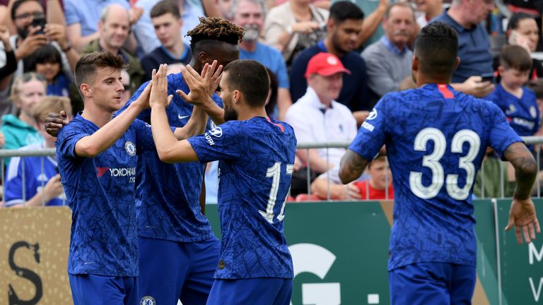 DUBLIN, IRELAND - JULY 13: Mason Mount of Chelsea celebrates with his teammates after scoring his sides first goal during the Pre-Season Friendly match between St Patrick's Athletic FC and Chelsea FC at Richmond Park on July 13, 2019 in Dublin, Ireland. (Photo by Darren Walsh/Chelsea FC via Getty Images)