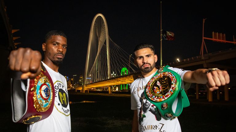 WBO super lightweight champion Maurice Hooker and WBC super lightweight champion Jose Ramirez face off at the Ronald Kirk Pedestrian bridge ahead of their unification bout on the July 27, 2019 Matchroom Boxing USA card at the College Park Center in Arlington, TX.  Mandatory Credit: Ed Mulholland/Matchroom Boxing USA