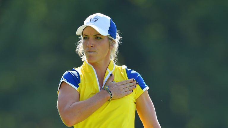 plays a shot during the second day afternoon fourball matches of The Solheim Cup at Des Moines Golf and Country Club on August 19, 2017 in West Des Moines, Iowa. 