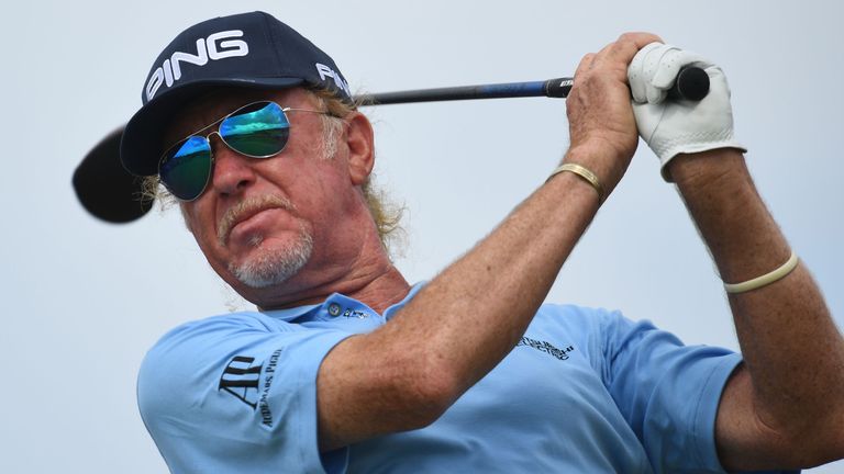 Spain's Miguel Angel Jimenez takes part in a practice session at The 148th Open golf Championship at Royal Portrush golf club in Northern Ireland on July 16, 2019.