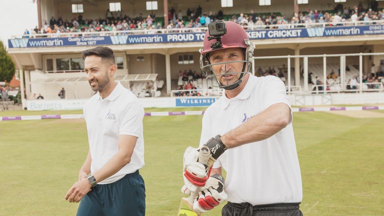 Nasser Hussain walks out to bat for the Royal London One-Over challenge