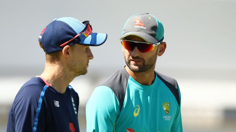 Nathan Lyon of Australia speaks with Joe Root of England during day two of the Third Test match during the 2017/18 Ashes Series between Australia and England at WACA on December 15, 2017 in Perth, Australia.