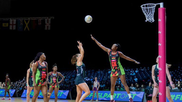 Emma Magee putting up a shot for Northern Ireland at Vitality Netball World Cup