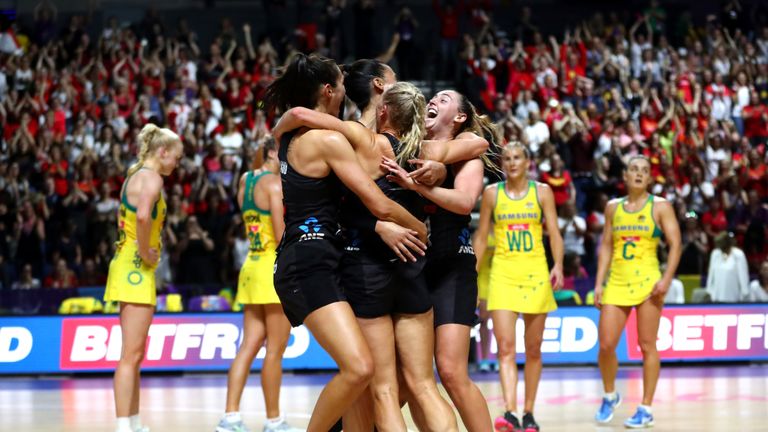 The New Zealand team celebrate together after winning The Final of The Vitality Netball World Cup between New Zealand and Australia at M&S Bank Arena 