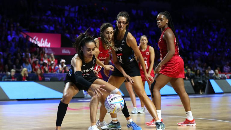 New Zealand's Maria Folau (left) in action against England during the Netball World Cup match at the M&S Bank Arena, Liverpool.