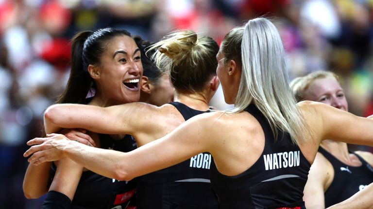 New Zealand celebrate their semi-final victory over England at the Vitality Netball World Cup