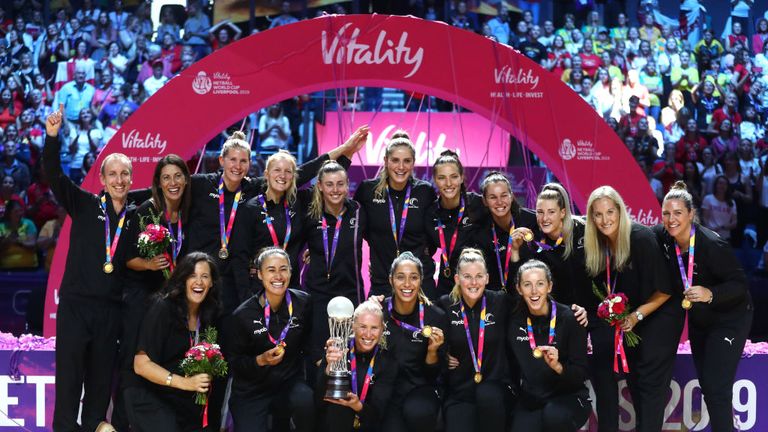 New Zealand with the Netball World Cup Trophy at the M&S Bank Arena in Liverpool