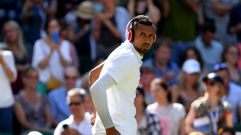 Nick Kyrgios of Australia looks on prior to his Men's Second round match against Rafael Nadal of Spain during Day four of The Championships - Wimbledon 2019 at All England Lawn Tennis and Croquet Club on July 04, 2019 in London, England.