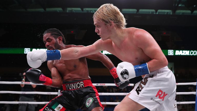 July 27, 2019; Dallas, TX; Nikita Ababiy and Yunier Calzada during their July 27, 2019 Matchroom Boxing USA bout at College Park Center in Arlington, TX.  Mandatory Credit: Ed Mulholland/Matchroom Boxing USA