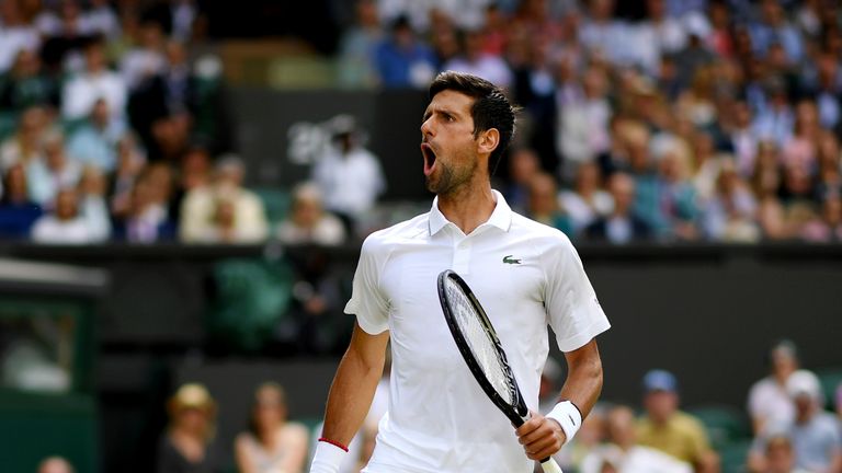 Novak Djokovic of Serbia celebrates in his Men's Singles first round match against Philipp Kohlschreiber of Germany during Day one of The Championships - Wimbledon 2019 at All England Lawn Tennis and Croquet Club on July 01, 2019 in London, England.