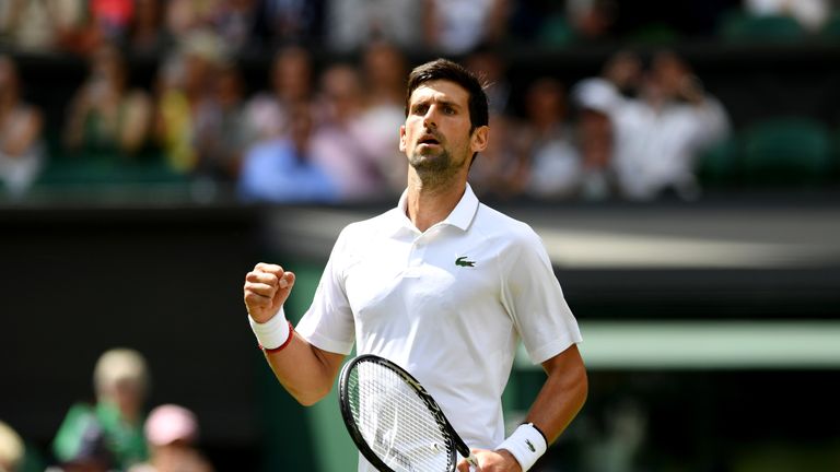 Novak Djokovic of Serbia celebrates match point in his Men's Singles first round match against Philipp Kohlschreiber of Germany during Day one of The Championships - Wimbledon 2019 at All England Lawn Tennis and Croquet Club on July 01, 2019 in London, England. 