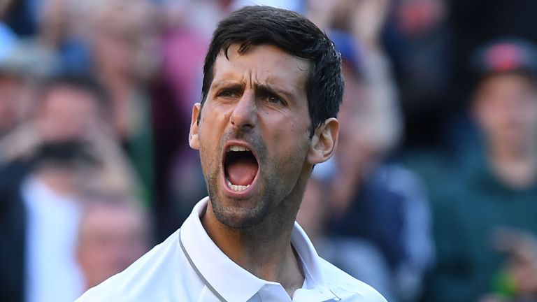 Novak Djokovic celebrates beating US player Denis Kudla during their men's singles second round match on the third day of the 2019 Wimbledon Championships at The All England Lawn Tennis Club in Wimbledon, southwest London, on July 3, 2019. 