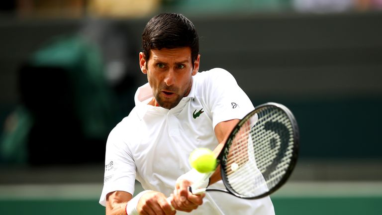 Novak Djokovic in second round action against Hubert Hurkacz at Wimbledon 