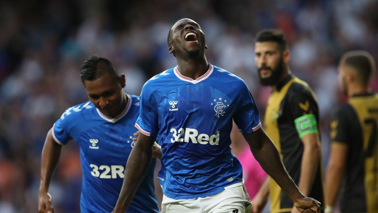 Sheyi Ojo celebrates after scoring Rangers' second goal