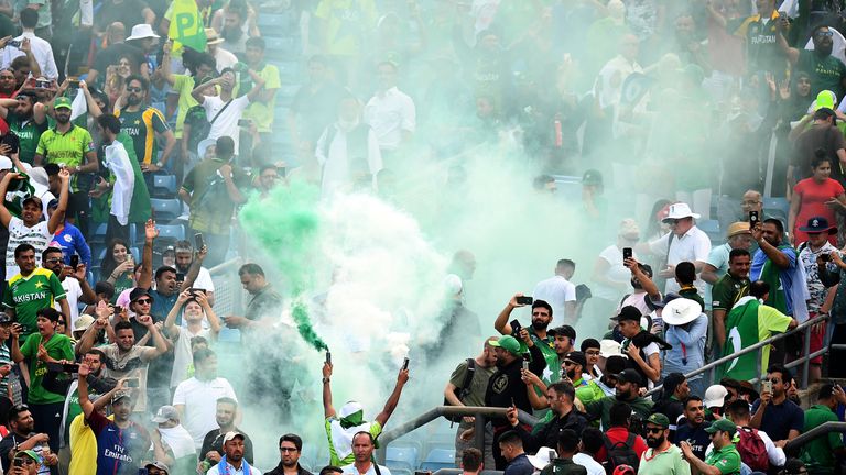 Flares are set off in the Cricket World Cup game between Pakistan and Afghanistan at Headingley