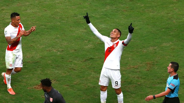 Paolo Guerrero celebrates his goal, Chile's third,  to confirm their final place