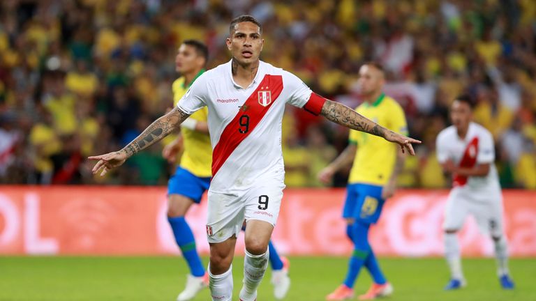 Paolo Guerrero celebrates scoring Peru's equaliser from the penalty spot against Brazil