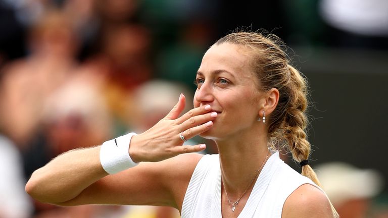 Petra Kvitova of The Czech Republic celebrates victory in her Ladies' Singles third round match against Magda Linette of Poland during Day six of The Championships - Wimbledon 2019 at All England Lawn Tennis and Croquet Club on July 06, 2019 in London, England.