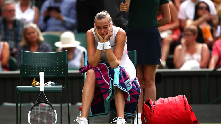 Petra Kvitova of The Czech Republic looks dejected during a change of serve in her Ladies' Singles fourth round match against Johanna Konta of Great Britain during Day Seven of The Championships - Wimbledon 2019 at All England Lawn Tennis and Croquet Club on July 08, 2019 in London, England.