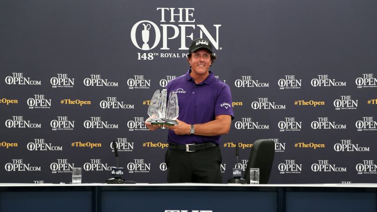 Phil Mickelson in a press conference to present him with outstanding achievement award, marking 25 years of him being inside the world's top 50, during preview day three of The Open Championship 2019 at Royal Portrush Golf Club. 