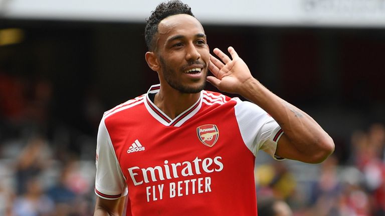 Pierre-Emerick Aubameyang celebrates opening the scoring for Arsenal